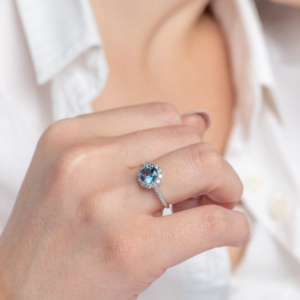 Silver ring round rosette with london blue topaz cubic zirconia