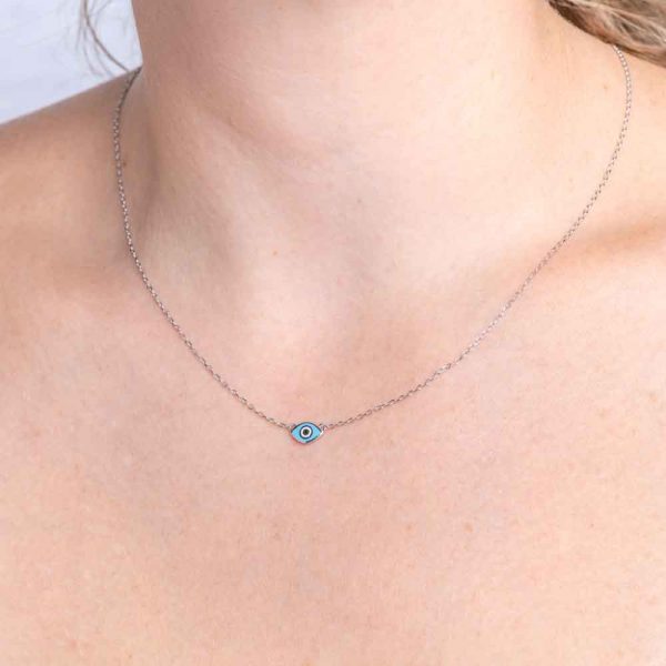 silver necklace with evil eye in baby blue color