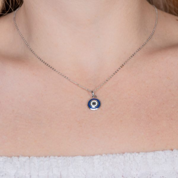silver mentagion evil eye with blue and white enamel