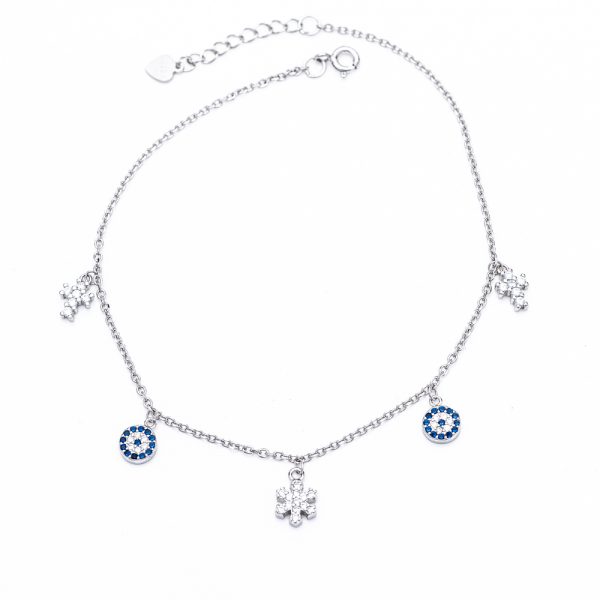 silver anklet with evil eye and cross