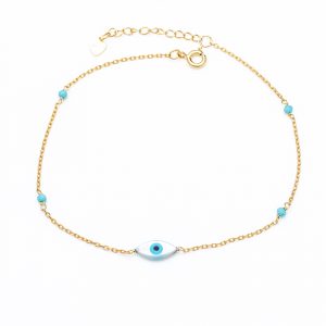 silver anklet with evil eye and turquoise pearls