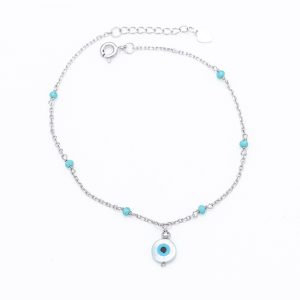 silver anklet with greek evil eye and turquoise beads