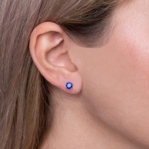 Silver round earrings with sapphire colored cubic zirconia