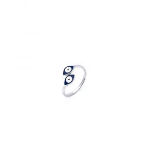 Aσημένιο δαχτυλίδι διπλό μάτι με λευκό και navy blue σμάλτο