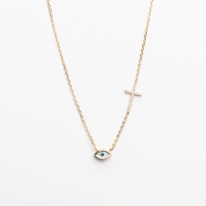 Silver necklace cross and evil eye